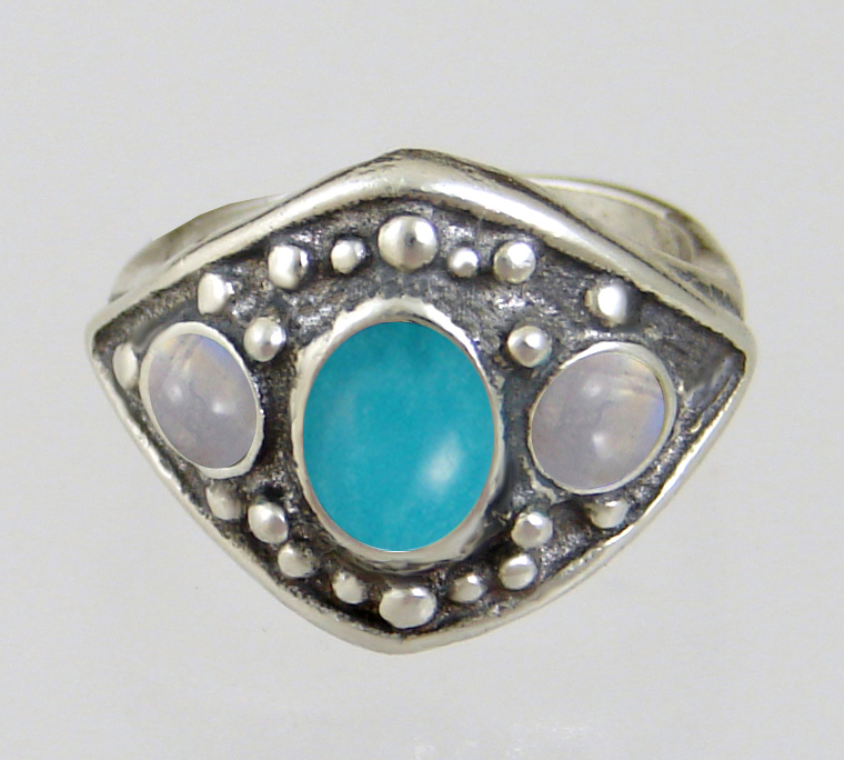 Sterling Silver Medieval Lady's Ring with Turquoise And Rainbow Moonstone Size 9
